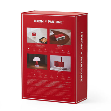 Lexon GIFT Set PANTONE - Includes Mino+ Mini Speaker, Flip Classic Clock, Mina M Lamp, Thykho 3  Speaker - 2035 Red